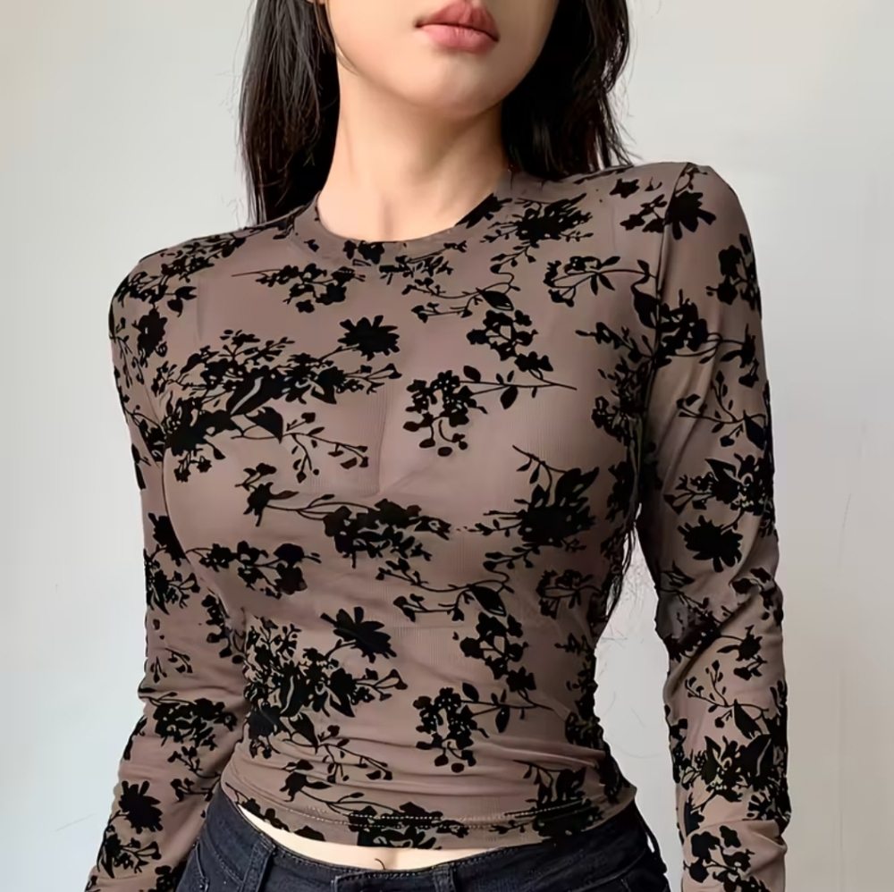 Elegant Black Flocked long sleeve stretch net top. NEW